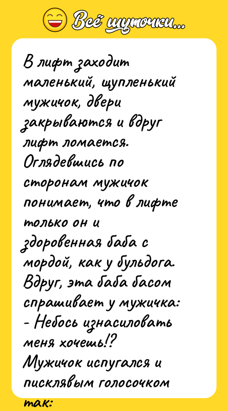 В лифт заходит маленький, щупленький мужичок, двери закрываются и вдруг