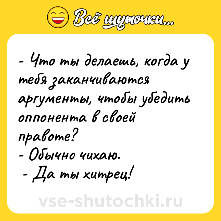 Шутка: - Что ты делаешь, когда у тебя заканчиваются аргументы, чтобы убедить оппонента в своей правоте?<br>- Обычно чихаю.<br> - Да ты хитрец!