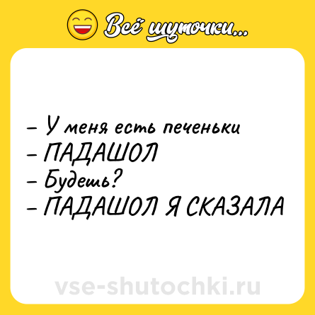 Шутка: – У меня есть печеньки <br>– ПАДАШОЛ<br>– Будешь?<br>– ПАДАШОЛ Я СКАЗАЛА