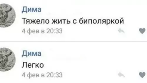 Биполярка — это когда ты сам себе враг и друг 😂 - Дима: Тяжело жить с биполяркой. 4 фев в 20:33. Дима: