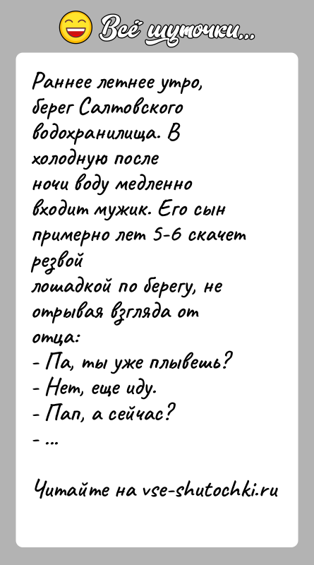 История: Раннее летнее утро, берег Салтовского водохранилища. В холодную посленочи воду медленно входит мужик. Его сын примерно лет 5-6 скачет резвойлошадкой