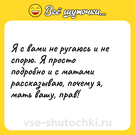 Шутка: Я с вами не ругаюсь и не спорю. Я просто подробно и с матами рассказываю, почему я, мать вашу, прав!