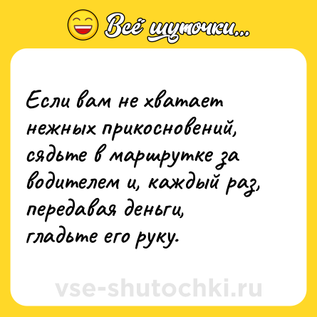 Шутка: Если вам не хватает нежных прикосновений, сядьте в маршрутке за водителем и, каждый раз, передавая деньги, гладьте его руку.