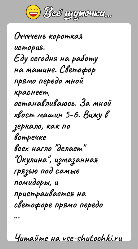 История: Оччччень короткая история.Еду сегодня на работу на машине. Светофор прямо передо мной краснеет,останавливаюсь. За мной хвост машин 5-6. Вижу в