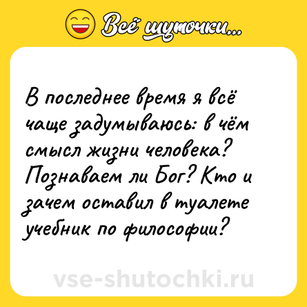 Шутка: В последнее время я всё чаще задумываюсь: в чём смысл жизни человека? Познаваем ли Бог? Кто и зачем оставил в туалете учебник по философии?