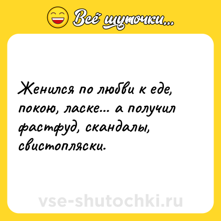 Шутка: Женился по любви к еде, покою, ласке... а получил фастфуд, скандалы, свистопляски.