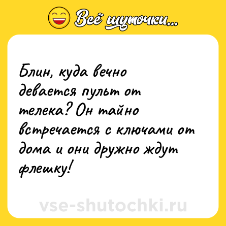 Шутка: Блин, куда вечно девается пульт от телека? Он тайно встречается с ключами от дома и они дружно ждут флешку!