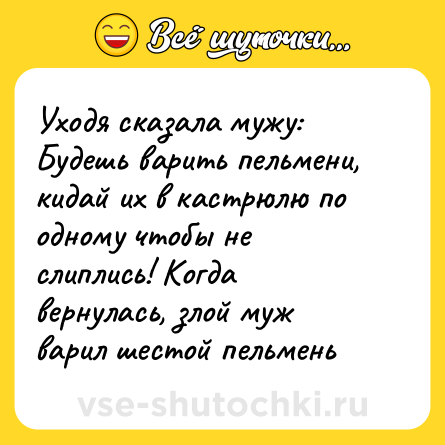 Шутка: Уходя сказала мужу: Будешь варить пельмени, кидай их в кастрюлю по одному чтобы не слиплись! Когда вернулась, злой муж варил шестой пельмень