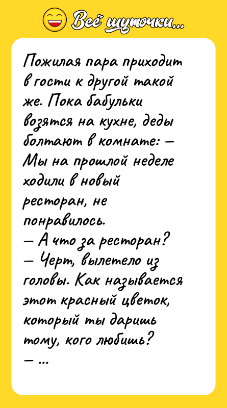 Пожилая пара приходит в гости к другой такой же. Пока