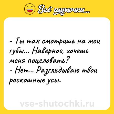 Шутка: - Ты так смотришь на мои губы... Наверное, хочешь меня поцеловать?<br>- Нет... Разглядываю твои роскошные усы.