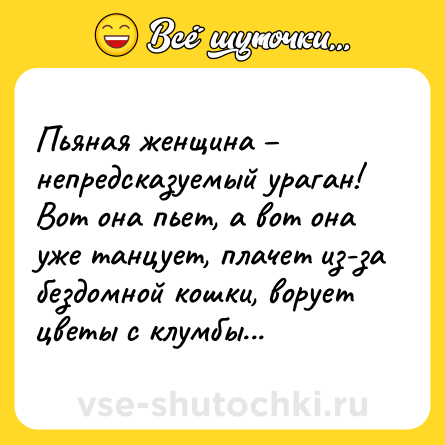 Шутка: Пьяная женщина – непредсказуемый ураган! Вот она пьет, а вот она уже танцует, плачет из-за бездомной кошки, ворует цветы с клумбы...