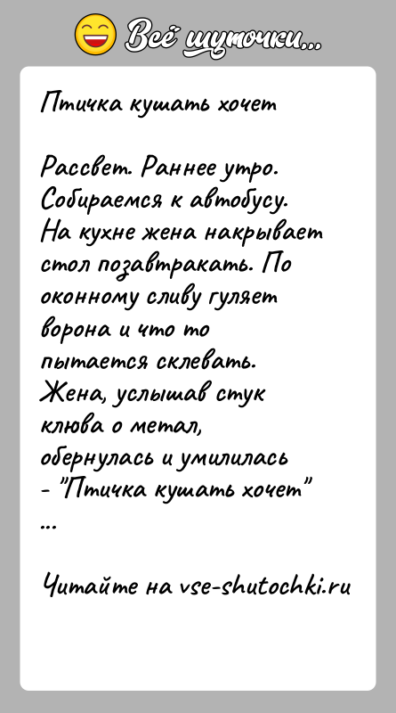 История: Птичка кушать хочетРассвет. Раннее утро. Собираемся к автобусу. На кухне жена накрывает стол позавтракать. По оконному сливу гуляет ворона и