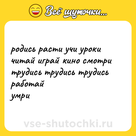Шутка: родись расти учи урокичитай играй кино смотритрудись трудись трудись работайумри