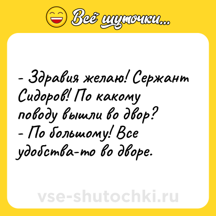 Шутка: - Здравия желаю! Сержант Сидоров! По какому поводу вышли во двор?<br>- По большому! Все удобства-то во дворе.