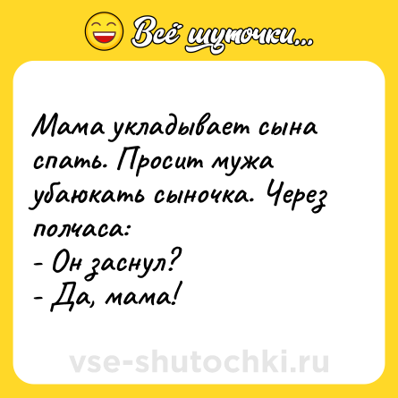 Шутка: Мама укладывает сына спать. Просит мужа убаюкать сыночка. Через полчаса:<br>- Он заснул?<br>- Да, мама!