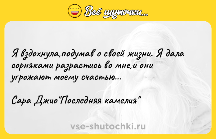 Цитата: Я вздохнула,подумав о своей жизни. Я дала сорняками разрастись во мне,и они угрожают моему счастью...Сара Джио Последняя камелия