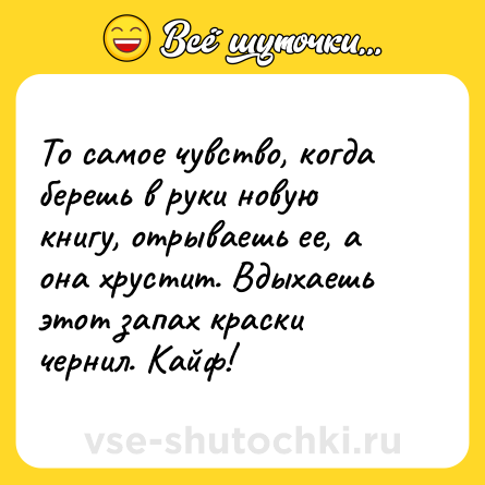 Шутка: То самое чувство, когда берешь в руки новую книгу, отрываешь ее, а она хрустит. Вдыхаешь этот запах краски чернил. Кайф!