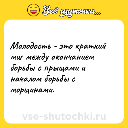 Шутка: Молодость - это краткий миг между окончанием борьбы с прыщами и началом борьбы с морщинами.