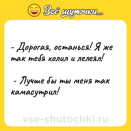 Шутка: - Дорогая, останься! Я же так тебя холил и лелеял! <br> - Лучше бы ты меня так камасутрил!  