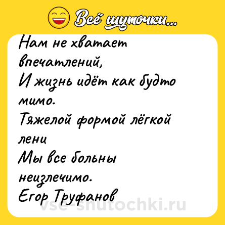 Шутка: Нам не хватает впечатлений, <br>И жизнь идёт как будто мимо. <br>Тяжелой формой лёгкой лени <br>Мы все больны неизлечимо. <br>Егор Труфанов
