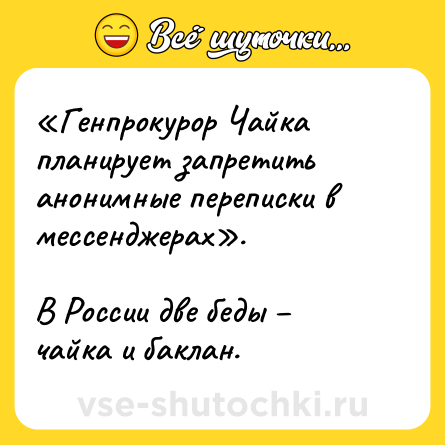 Шутка: «Генпрокурор Чайка планирует запретить анонимные переписки в мессенджерах». <br><br>В России две беды – чайка и баклан.