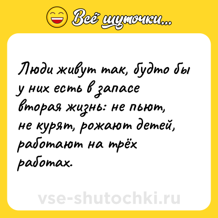 Шутка: Люди живут так, будто бы у них есть в запасе вторая жизнь: не пьют, не курят, рожают детей, работают на трёх работах.