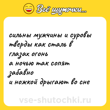 Шутка: сильны мужчины и суровы<br>тверды как сталь в глазах огонь<br>а ночью так сопят забавно<br>и ножкой дрыгают во сне
