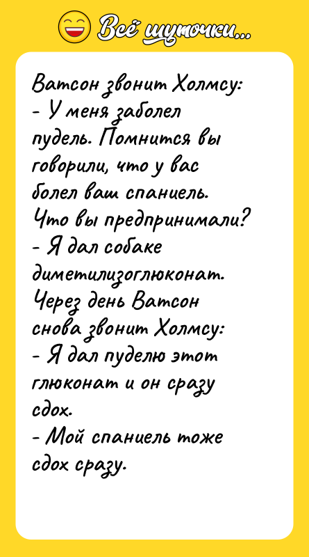 Ватсон звонит Холмсу:   - У меня заболел пудель.