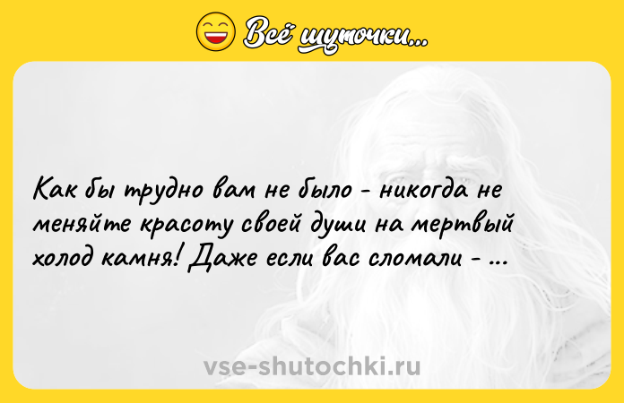 Цитата: Как бы трудно вам не было - никогда не меняйте красоту своей души на мертвый холод камня! Даже если вас сломали - прорастайте заново.