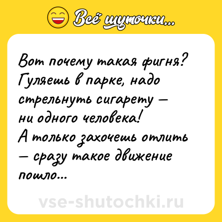 Шутка: Вот почему такая фигня? Гуляешь в парке, надо стрельнуть сигарету — ни одного человека!<br>А только захочешь отлить — сразу такое движение пошло...