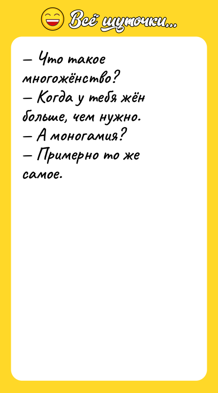 Шутка: Что такое многожёнство? Когда у тебя жён больше, чем нужно. А моногамия? Примерно то же самое.
