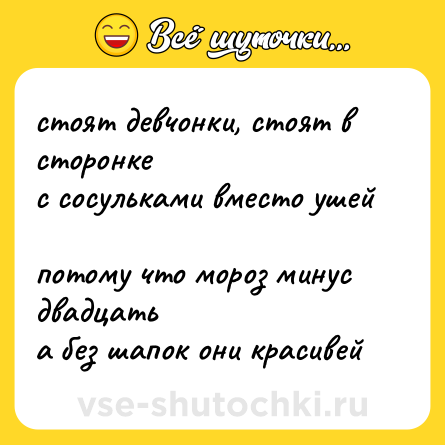 Шутка: стоят девчонки, стоят в сторонке  <br>с сосульками вместо ушей  <br>потому что мороз минус двадцать  <br>а без шапок они красивей