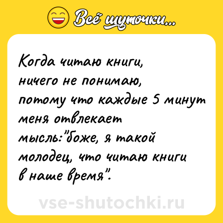 Шутка: Когда читаю книги, ничего не понимаю, потому что каждые 5 минут меня отвлекает мысль: