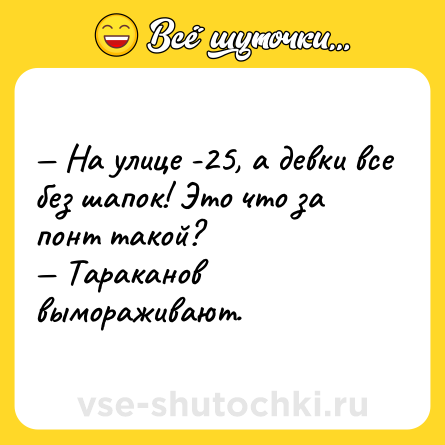Шутка: — На улице -25, а девки все без шапок! Это что за понт такой?<br>— Тараканов вымораживают.
