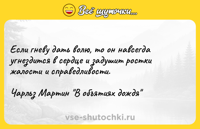 Цитата: Если гневу дать волю, то он навсегда угнездится в сердце и задушит ростки жалости и справедливости. Чарльз Мартин В объятиях дождя