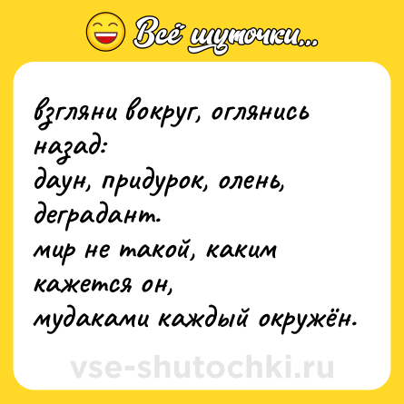 Шутка: взгляни вокруг, оглянись назад:  <br>даун, придурок, олень, деградант.  <br>мир не такой, каким кажется он,  <br>мудаками каждый окружён.