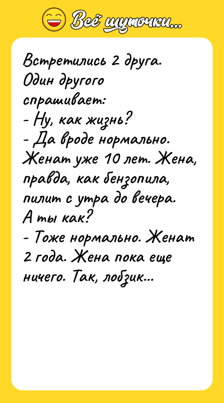 Встретились 2 друга. Один другого спрашивает: - Ну, как жизнь?