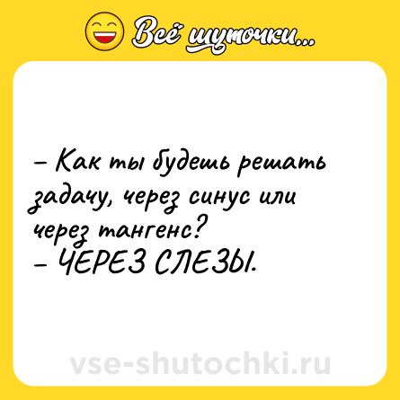 Шутка: – Как ты будешь решать задачу, через синус или через тангенс?<br>– ЧЕРЕЗ СЛЕЗЫ.