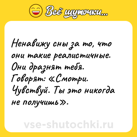 Шутка: Ненавижу сны за то, что они такие реалистичные. Они дразнят тебя. Говорят: «Смотри. Чувствуй. Ты это никогда не получишь».