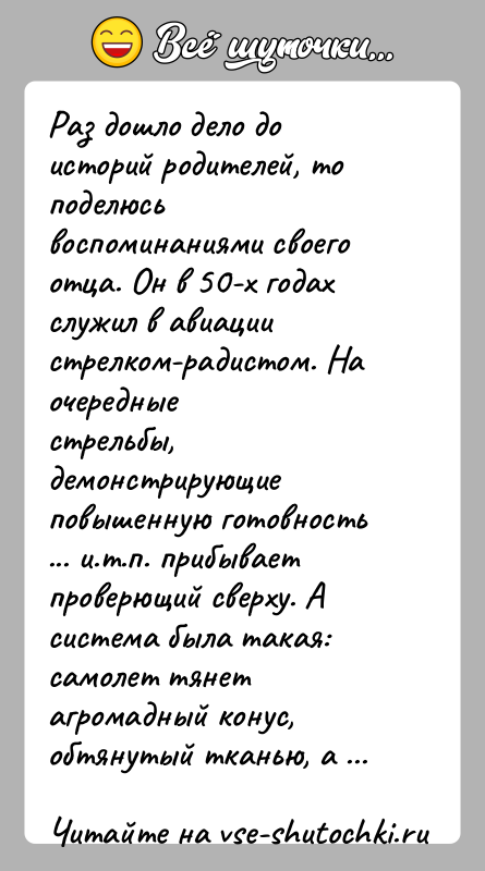 История: Раз дошло дело до историй родителей, то поделюсь воспоминаниями своегоотца. Он в 50-х годах служил в авиации стрелком-радистом. На очередныестрельбы,
