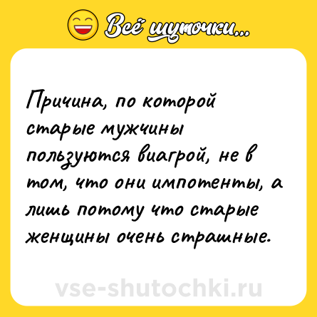 Шутка: Причина, по которой старые мужчины пользуются виагрой, не в том, что они импотенты, а лишь потому что старые женщины очень страшные.