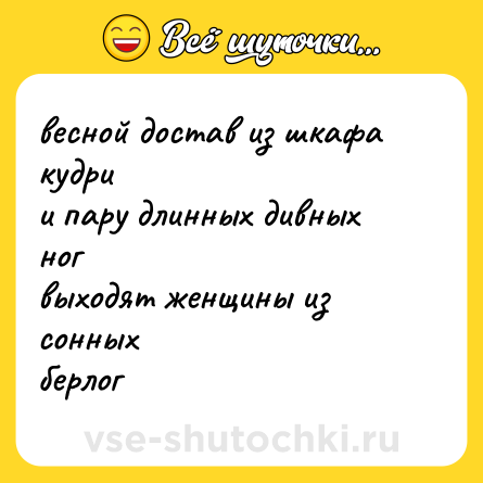 Шутка: весной достав из шкафа кудри<br>и пару длинных дивных ног<br>выходят женщины из сонных <br>берлог