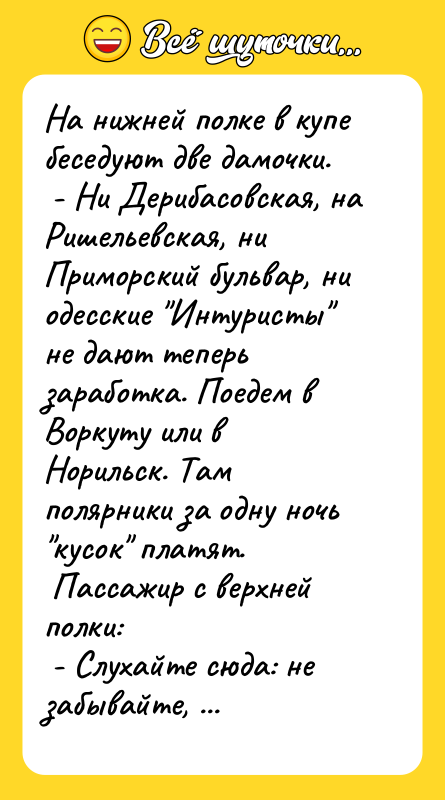 На нижней полке в купе беседуют две дамочки.  