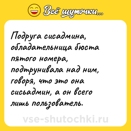 Шутка: Подруга сисадмина, обладательница бюста пятого номера, подтрунивала над ним, говоря, что это она сисьадмин, а он всего лишь пользователь.