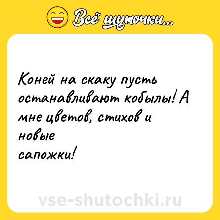 Шутка: Коней на скаку пусть останавливают кобылы! А мне цветов, стихов и новые<br>сапожки!