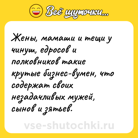 Шутка: Жены, мамаши и тещи у чинуш, едросов и полковников такие крутые бизнес-вумен, что содержат своих незадачливых мужей, сынов и зятьев.
