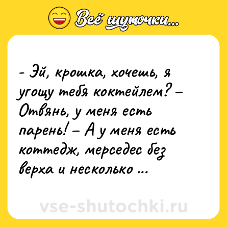 Шутка: - Эй, крошка, хочешь, я угощу тебя коктейлем? – Отвянь, у меня есть парень! – А у меня есть коттедж, мерседес без верха и несколько миллионов долларов. Ну, чего заплакала? – Я только что со своим парнем рассталась.