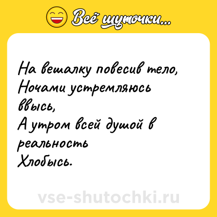 Шутка: На вешалку повесив тело, <br>Ночами устремляюсь ввысь, <br>А утром всей душой в реальность <br>Хлобысь.