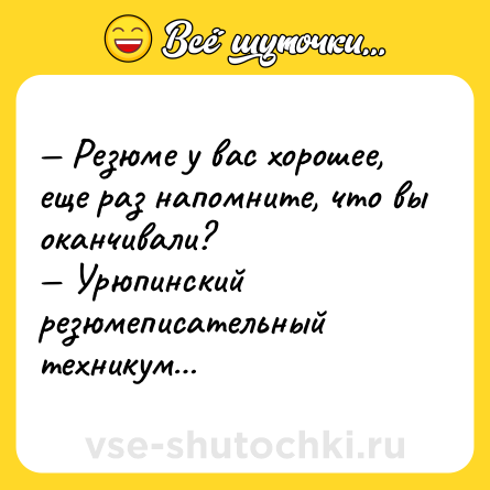 Шутка: — Резюме у вас хорошее, еще раз напомните, что вы оканчивали?<br>— Урюпинский резюмеписательный техникум…