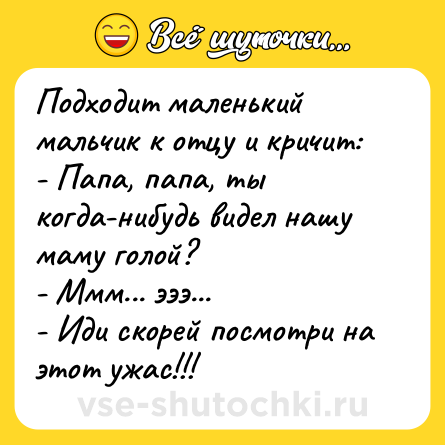 Шутка: Подходит маленький мальчик к отцу и кричит:<br>- Папа, папа, ты когда-нибудь видел нашу маму голой?<br>- Ммм... эээ...<br>- Иди скорей посмотри на этот ужас!!!